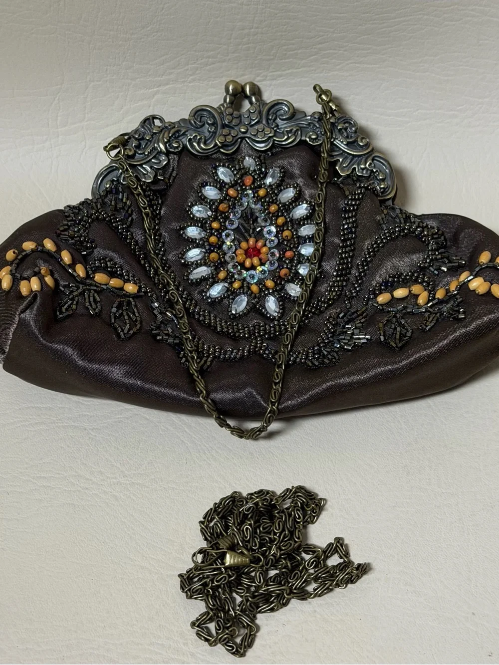 Giftcraft  Beaded Evening Bag Bronze Tone Floral Embellished Clutch Purse